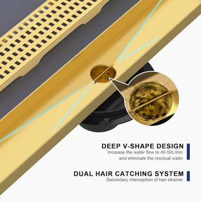 36 Inch Linear Shower Drain - Brushed Gold, with Removable Grate | AISI 304 Stainless Steel Shower Drain, Long Rectangle Shower Floor Drain with Adjustable Feet, Fits Bathroom & Balcony etc - color: Brushed Gold, size: 36 in