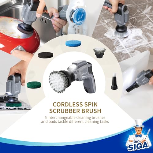 MR.SIGA Electric Spin Scrubber for Kitchen and Bathroom Cleaning | Waterproof rechargeable cordless spin scrubber with 5 replaceable cleaning brushes and scouring pads