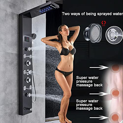 LED Light Shower Panel Tower Rainfall Waterfall Shower Head with Massager Jets Body System Jet
