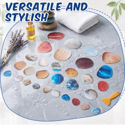 Fullhawl 30 Pcs Pebble Stone Non Slip Bathtub Stickers Colorful Pebble Stone Anti Slip Shower Stickers Shower Floor Nonslip Sticker Applique Adhesive Decals Treads with Scraper for Bathtub Bathroom - style: Pebble Stone