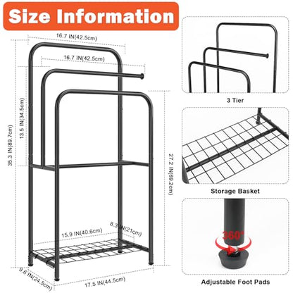 Towel Racks for Bathroom, 35" H Standing Towel Holder 3 Tier Metal Pool Towel Hanger Outdoor Floor with Storage Shelves for Blanket Bath Towel Drying (Matte Black)