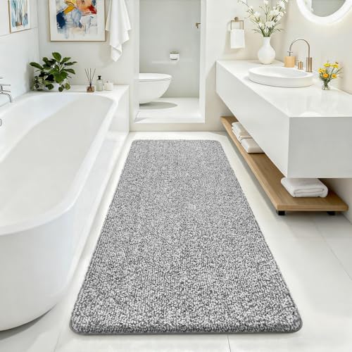 Bathroom Rugs 24x70,Super Absorbent Microfiber Bath Mat,Light Grey/White | Large Bath Mat,Non-Slip Long Shower Rug with TPR Backing, Thick Plush Machine Washable Bathmat for Bathrooms - color: Light Grey/White, size: 24" X 70"