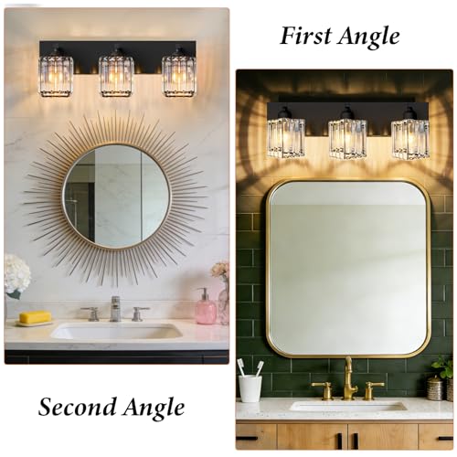 Black Crystal Bathroom Vanity Light, 3-Light Modern Bathroom Lighting Fixtures Over Mirror, Matte Black Wall Sconce Light Fixtures with Square Shade - color: Black-Square Shade, size: 3-LIGHT