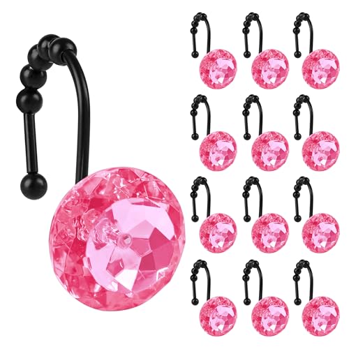 Sunlit Luxury Design Round Hot Pink Diamond Crystal Gem Bling with Glide Balls Shower Curtain Hooks, Rust Proof Metal Rhinestones Glam Shower Curtain Rings with Black Hooks, Set of 12 - color: Hot Pink With Black Hooks