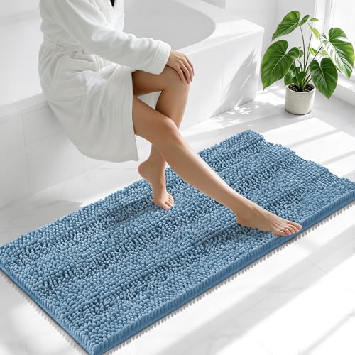 Smiry Thick Chenille Bathroom Runner Rugs 47x20, Soft Bath Mat, Airy Blue | Quick‑Dry & Machine Washable, Non‑Slip Bath Carpet, Striped Bath Rugs for Tub & Shower, Modern Home Decor Accessories - color: Airy Blue, size: 47" X 20"