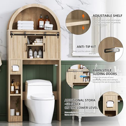 AHB Over The Toilet Storage Cabinet with Sliding Doors, Natural | Arched Cabinet Freestanding Bathroom Organizer Anti-Tip Device Space-Saving Toilet Storage for Bathroom, Laundry