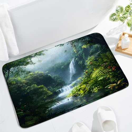 Rainforest Waterfall Bath Mat,17.8" Wx29.5 L Inch | Tropical Green Jungle, Nature Tree Forest Scenery, Stream River, Memory Foam,Bathroom Floor Bathtub Rug