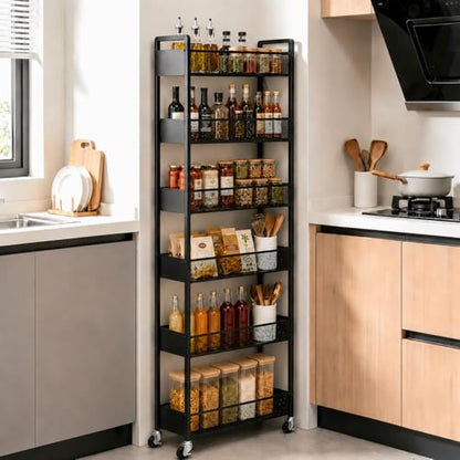 6-Tier Slim Rolling Storage Cart with Wheels,12.6" Raised Bottom Basket for Tall Bottles,Narrow Metal Utility Cart Organizer for Kitchen,Bathroom,Laundry Room,Gaps & Corners,Black
