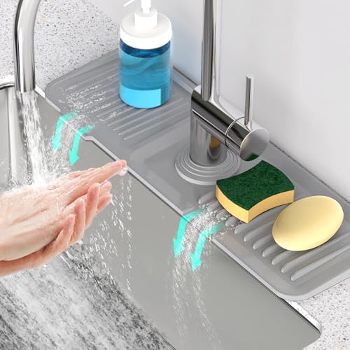 17.7'' Faucet Mat for Kitchen Sink [5°Slope Fast Self-draining] Kitchen Sink Splash Guard Silicone Kitchen Sink Faucet Mat Splash Guard for Kitchen Sink Area Tidy Splash Faucet Guard Draining Mat - color: Gray, size: 17.7" x 5.5"