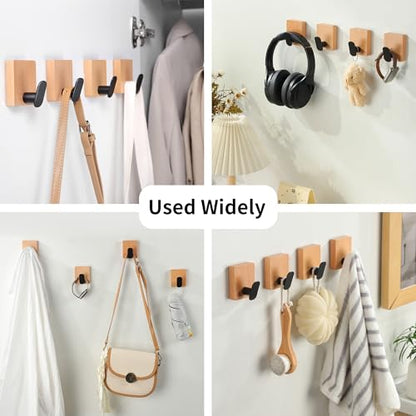 DELITON Towel Hooks Wall Mounted - Adhesive Bathroom Coat Hooks for Hanging Robes Clothes Light Brown, Black Solid Wood Beech Wall Hook 4 Packs - color: Light Brown