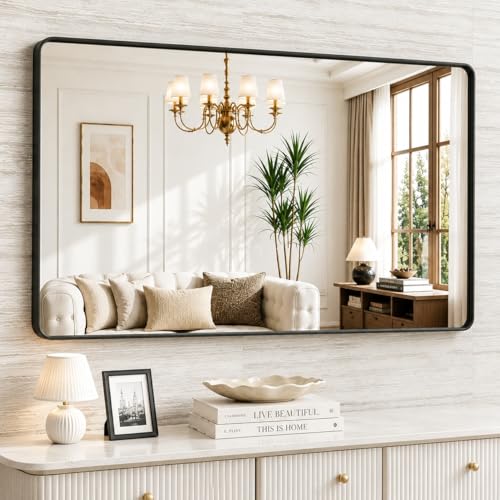 JISOSO 50x30 Inch Black Bathroom Mirror Metal Framed | Anti-Rust, Tempered Glass, Shatter Proof, Hangs Horizontally or Vertically - color: Black, size: 50"L x 30"W