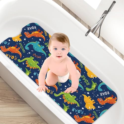 Dinosaur Blue Star Bathtub Shower Mat Colorful Fun Non-Slip Tub Extra Long Bath Floor 40X16 Inch Machine Washable for Bathroom Tub Bath Mat for Toddler and Baby - color: Dinosaur Blue