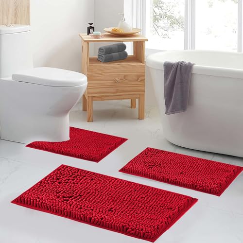 RUN HELIX Bathroom Rugs, Chenille Bath Mat, Non-Slip, Machine Washable Bath Rugs - Ultra Soft Bath Mats, Dries Quickly, Bathroom Rug Set of 2 Red Batroom Mats Set-32x20+24x16 Inch Christmas Rug - color: Red