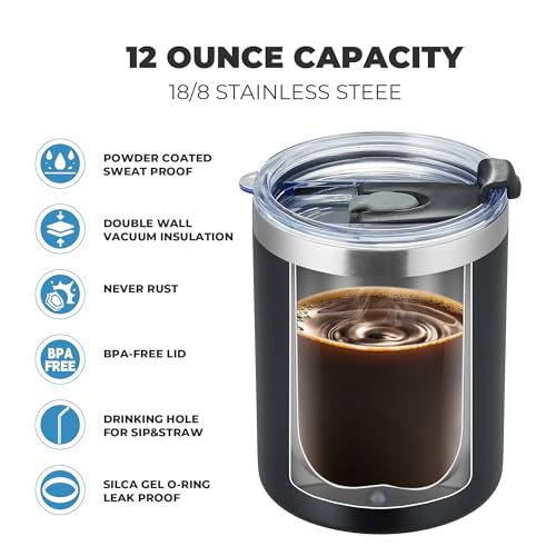 MEWAY 12 oz Lowball, Tumbler Stainless Steel Double Wall Vacuum Insulated Mug with Straw and Lid, Cleaning Brush ，Durable Powder Coated Insulated Coffee Cup for Cold & Hot Drinks (MIX,4 pack) - color: MIX