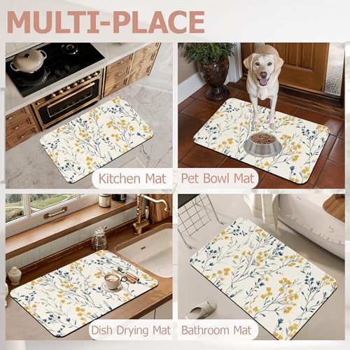 Blue Leaves Bath Mat,Yellow Berries Diatomaceous Earth Bath Mat,Rubber Backing Quick Dry Absorbent Washable Bathroom Rugs for Tub Non Slip 17"x29.5" - color: Blue Leaves,yellow Berries