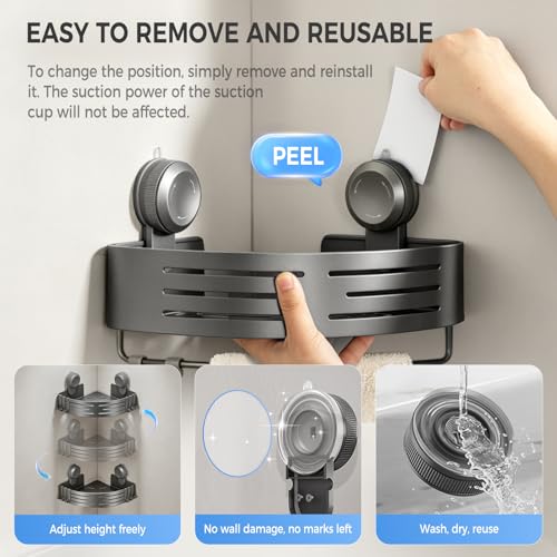 Lekesky Corner Shower Caddy Suction Cups, No Drilling Bathroom Shower Shelf | Aluminum, Rustproof, Suction Cup Can Remove and Reposition, Can hold up to 22 pounds, Also Can hold large shampoo bottles - color: Gunmetal Gray1