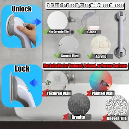 Shower Grab Bars for Seniors, Shower Handles for Elderly Suction Cup,2 Pack 16.19 Inch,Handicap Grab Bars for Bathtubs and Showers Wall, Bathroom Safety for Showers Walls Heavy Duty, No Drillin,Grey
