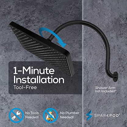 SparkPod 12 Inch Black Rain Shower Head - Ceiling or Wall Mount Rainfall Shower Head - Large Coverage Showerhead - Brass Ball Joint with 360° Adjustment - 1-Min Install (Midnight Black Matte) - color: 3 - Midnight Black Matte 12 Inch Rectangle, style: 12