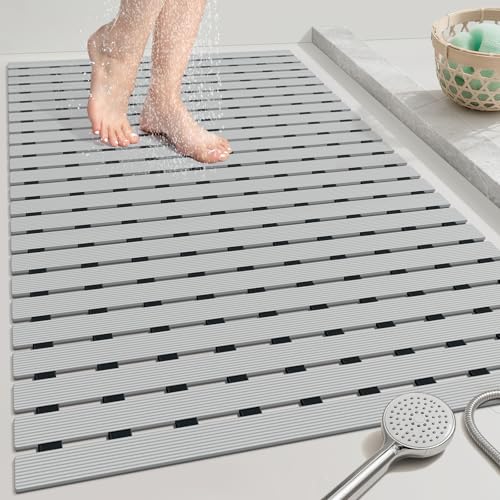 OTHWAY Large Shower Mat, 35.4 x 24 Inch No Suction Cup Shower Mat Non Slip, Quick Drain Shower Mats for Inside Shower, Heavy Duty PVC Shower Floor Mat, Curlable Shower Stall Mat (Light Grey) - color: Light Grey