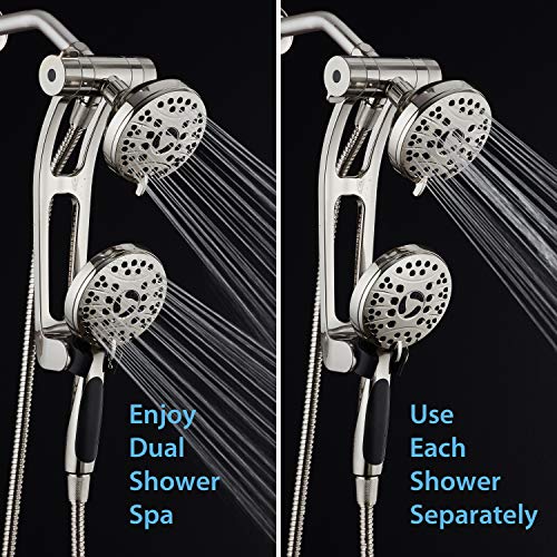 High Pressure 48-mode Luxury 3-way Combo with Adjustable Extension Arm – Dual Rain & Handheld Shower Head – Extra Long 6 Foot Stainless Steel Hose – All Brushed Nickel Finish – Top US Brand - color: Brushed Nickel