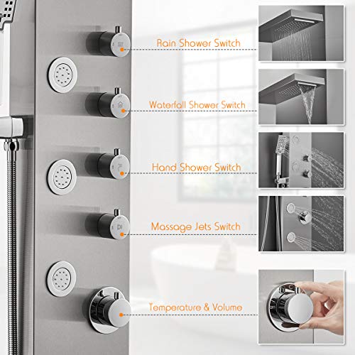 ROVATE 4-in-1 Rainfall Waterfall Shower Panel Tower System, Brushed Finish | Shower Column with Body Massage Jets and Handheld, Stainless Steel High Pressure, Use Multiple Functions Simultaneously - color: Brushed Finish