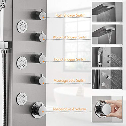ROVATE 4-in-1 Rainfall Waterfall Shower Panel Tower System, Brushed Finish | Shower Column with Body Massage Jets and Handheld, Stainless Steel High Pressure, Use Multiple Functions Simultaneously - color: Brushed Finish