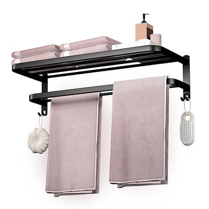 23 Inch Bathroom Towel Rack Towel Shelf with Double Towel Bars Lavatory Wall Mount Holder with Hooks Stainless Steel Hotel Bath Rack (Matte Black) - color: Black