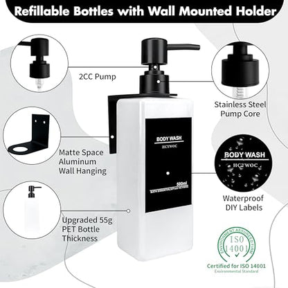 Shampoo and Conditioner Dispenser, No Drill, 16 Waterproof Labels | Shampoo Dispenser for Shower Wall, Shower Soap Dispenser Wall Mounted 3 Chamber, Bathroom, 17oz, White - color: White Bottle + Black Pump