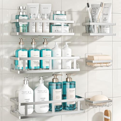 Youvip Silver Shower Caddy 6 Pack | No Drill, Large Capacity, 6 Adhesives, 24 Built-In Side Hooks - color: Silver-6pc