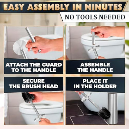 Toilet Brush and Holder Set, Stainless Steel Material (Silver) | Toilet Brush with Holder Set for Bathroom, Splash Protection & Dense Bristles for Bathroom Cleaning, Removable Inner Bowl