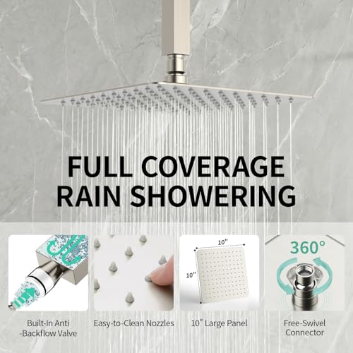 SR SUN RISE Brass 10 Inches Ceiling Mounted Shower System Brushed Nickel Bathroom Luxury Rain Mixer Shower Combo Set Ceiling Install Rainfall Shower Head System - color: Brushed Nickel, style: 10 inch