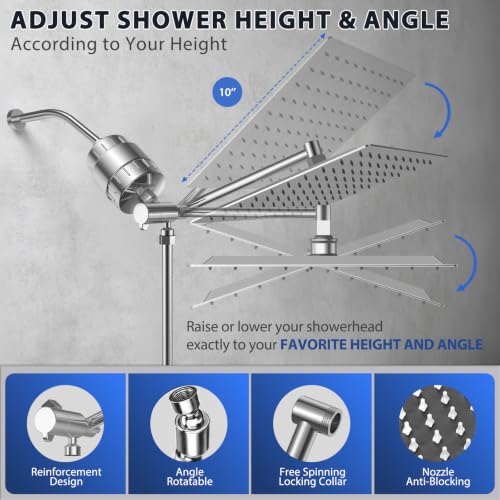 10" Shower Head with Handheld, Rain Shower Head with Filter Combe Set | High Pressure; 3 Modes Sprayer; Filtered Shower for Hard Water,Families, Pets; Adjustable Height & Angle; Easy Install;Chrome