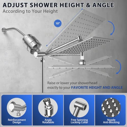 10" Shower Head with Handheld, Rain Shower Head with Filter Combe Set | High Pressure; 3 Modes Sprayer; Filtered Shower for Hard Water,Families, Pets; Adjustable Height & Angle; Easy Install;Chrome