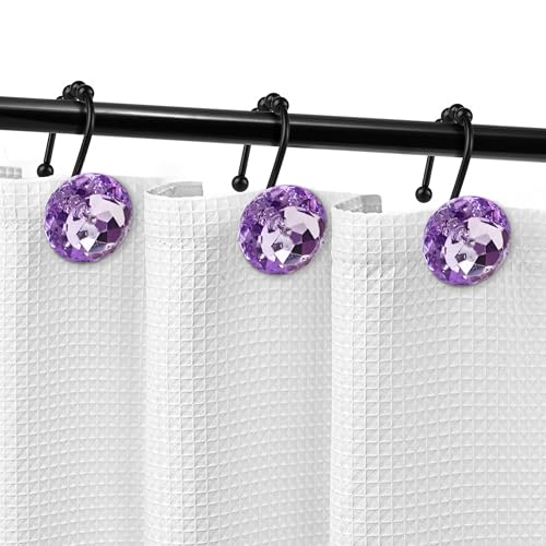 Sunlit Luxury Design Round Purple Diamond Crystal Gem Bling with Glide Balls Shower Curtain Hooks, Rust Proof Metal Rhinestones Glam Shower Curtain Rings with Black Hooks, Set of 12 - color: Purple With Black Hooks