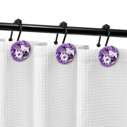 Sunlit Luxury Design Round Purple Diamond Crystal Gem Bling with Glide Balls Shower Curtain Hooks, Rust Proof Metal Rhinestones Glam Shower Curtain Rings with Black Hooks, Set of 12 - color: Purple With Black Hooks