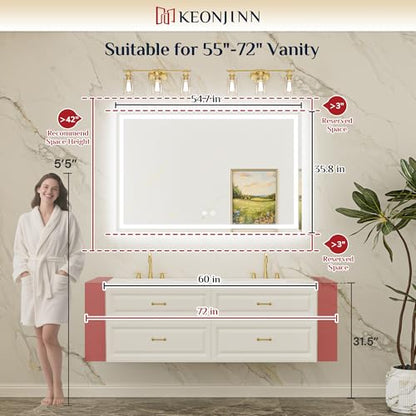 Keonjinn 55 x 36 Inch Beveled Lighted Bathroom Mirror, Front and Backligh | HD Tempered Glass, LED Bathroom Mirror with Lights, 3000K/4500K/6000K, Fast Defogging, Dimmable, Memory Function, CRI90+ - size: 36"L x 55"W