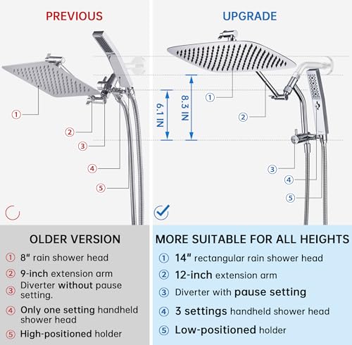G-Promise 14 Inch All Metal Rain Shower Head with Handheld Spray (Chrome) | Suits Every Height, Pause Mode Diverter, Massage Mode Handheld, Full Body Coverage, Easy to Install, Modern Bath Upgrade - color: Chrome, size: 14 Inch
