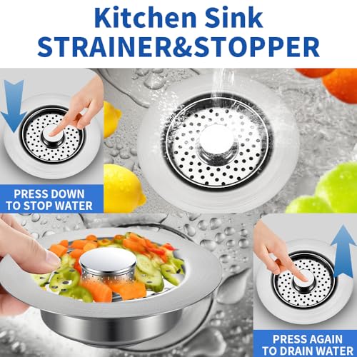 Sink Drain Strainer - Sink Stopper, 3-in-1 Kitchen Stainless Steel Drain Plug with Anti-Clog Basket, Pop-Up Cover