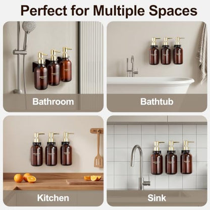 Amber Shampoo and Conditioner Dispenser Set of 3 | Gold Pumps, 16.9 oz Refillable Bottles, No-Drill Wall Mount, For Bathrooms, Hotels and Airbnbs - color: Dark Amber + Gold Pump