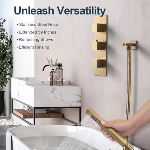 3-Function Thermostatic Shower System with Dual Rainfall Heads, Handheld Sprayer Brushed Gold - color: Brushed Gold