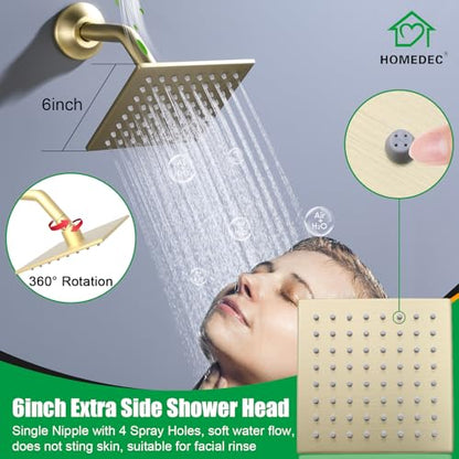 HOMEDEC 14x20inch and 6inch Shower System with Bathtub Spout, 5 Way Valve and 6 Body Jets, Rainfall Shower Head with Handheld Combo, Brushed Gold - color: Brushed Gold, style: 5-Way + 1x 6" Top + Spout