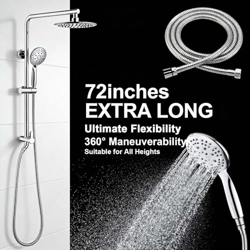 SonTiy 9" Shower Head with Handheld Spray, Rain Shower Heads System, 5 Spray Mode Handheld, Modern Shower System with Easy Reach Diverter, 72'' Hose and Height Adjustable Holder, Chrome - color: Chrome, style: 2.5 Gallons Per Minute-Round