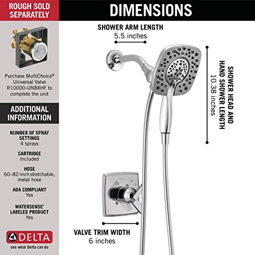 Delta Faucet Ashlyn 17 Series Dual-Function Shower Trim Kit with 2-Spray Touch-Clean In2ition 2-in-1 Hand Held Shower Head with Hose, Chrome T17264-I (Valve Not Included) - color: Chrome