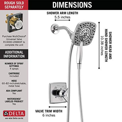 Delta Faucet Ashlyn 17 Series Dual-Function Shower Trim Kit with 2-Spray Touch-Clean In2ition 2-in-1 Hand Held Shower Head with Hose, Chrome T17264-I (Valve Not Included) - color: Chrome