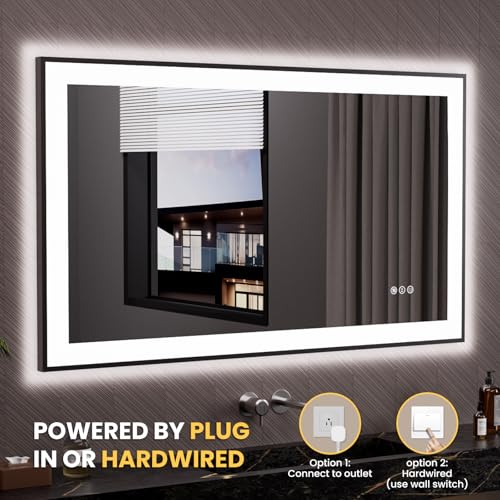 LOAAO 48"X28" LED Bathroom Mirror Black Framed | Anti-Fog, Dimmable, Memory Function, Tempered Glass, Lighted Vanity Mirror for Wall - size: 48"L x 28"W