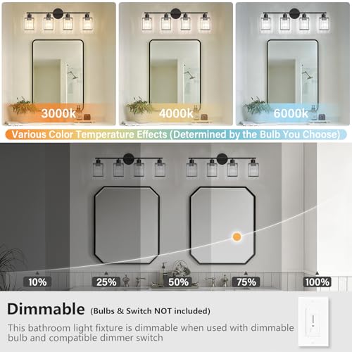 4 Light Bathroom Light Fixtures, Modern Crystal Vanity Lights over Mirror | Metal Frame, Bathroom Light with Square Crystal Shade, ETL Certified, E26 Ceramic Socket, Bulbs Not Included - color: Black, size: 4-Light
