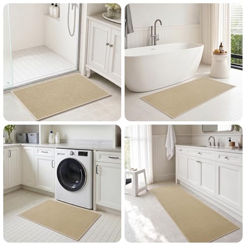 tchdio Bathroom Runner Rug, Absorbent Washable Thin Bath Mat, Non Slip Quick Dry Bath Rugs with Solid Rubber Backing, Low Profile Bath Mat, Beige, 24" x 48" - color: Beige, size: 4' x 2' (Rectangular)