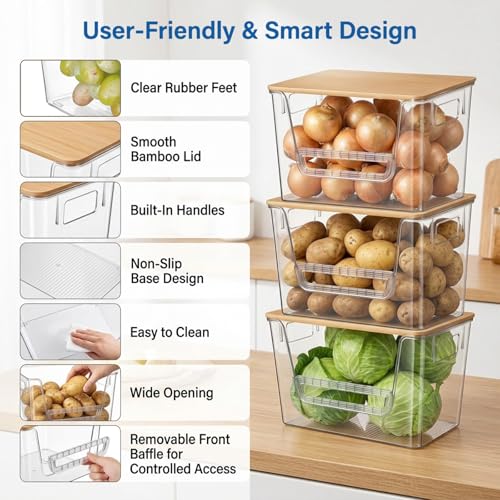 3 Set Pantry Organizers and Storage with Bamboo Lids, Stackable Clear Plastic Bins with Handles and Removable Front Baffle for Potato, Onion, Garlic, Fruit, Vegetables, Kitchen Counter and Under Sink
