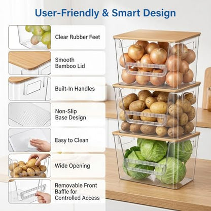 3 Set Pantry Organizers and Storage with Bamboo Lids, Stackable Clear Plastic Bins with Handles and Removable Front Baffle for Potato, Onion, Garlic, Fruit, Vegetables, Kitchen Counter and Under Sink