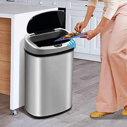 Kitchen Trash Can, 13 Gallon Automatic Gabage Can with Lid and Motion Sensor for Kitchen Home Office Bedroom Bathroom Living Room, Kitchen Garbage Can Touchless Trashcans Stainless Steel Can - color: SILVER